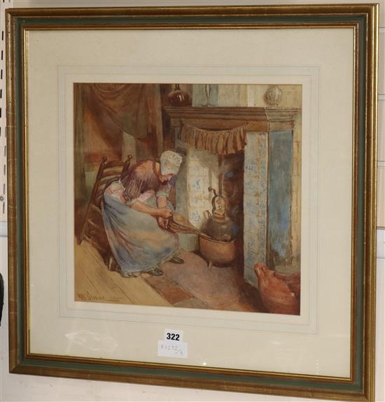 William Henry Charles Groome, watercolour, a young woman seated at the fireside, signed and inscribed EE Adam, 36 x 39cm